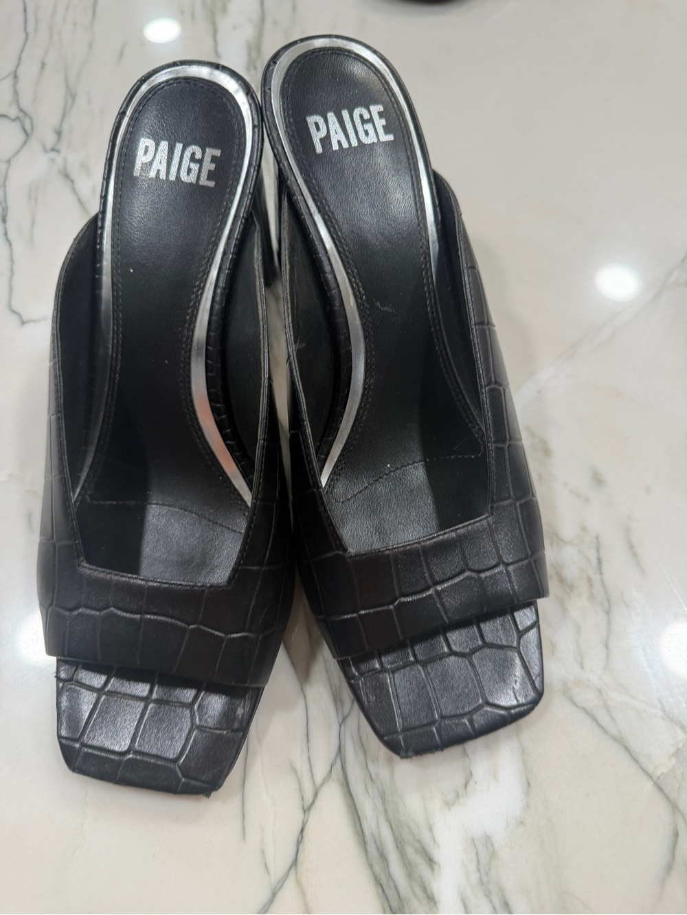 PAIGE Black Croc-Embossed Square-Toe Slide Mules